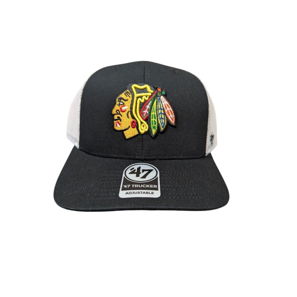 Chicago Blackhawks '47 Brand Black Trucker Adjustable Hat Mesh Breathable NWT